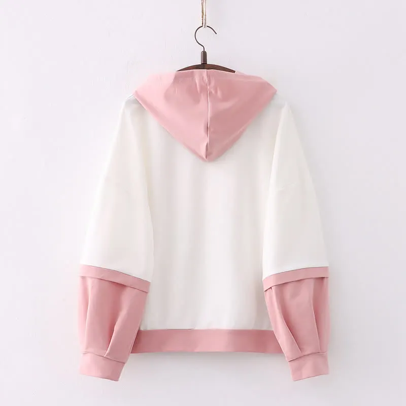 Colorblock Bunny Sakura Print Loose Hoodie