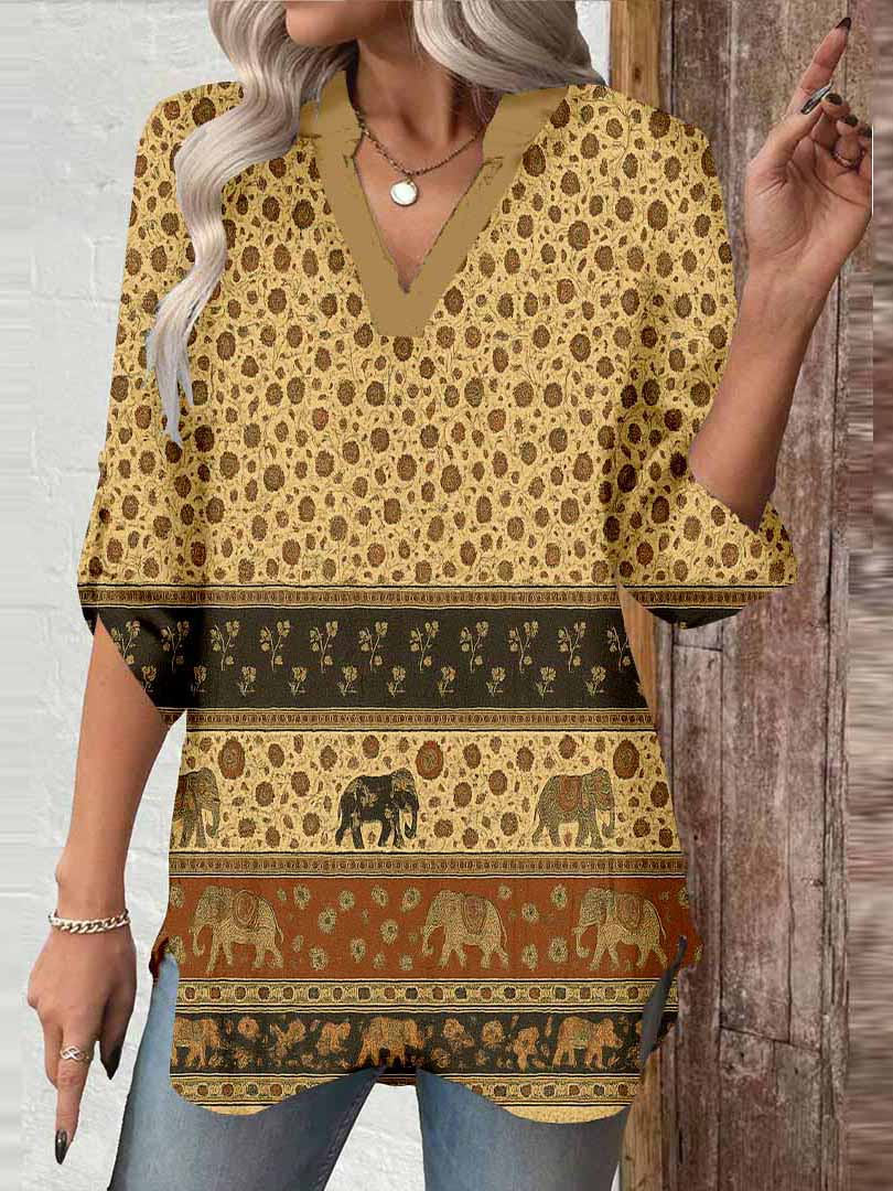 Women Bohemian,Black,Orange DZGA0299 3/4 Sleeve V-neck Printed Graphic Button Tops
