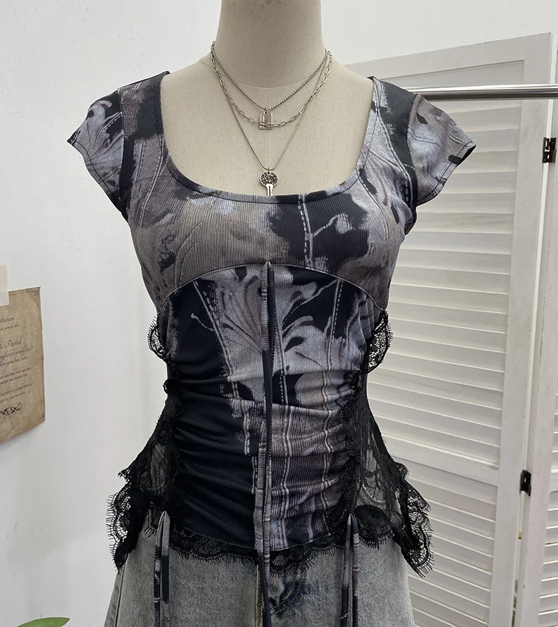 Nigikala Nigikala Industrial Lace Splicing Elastic Print With Bow Short-Sleeved T-Shirt 6185