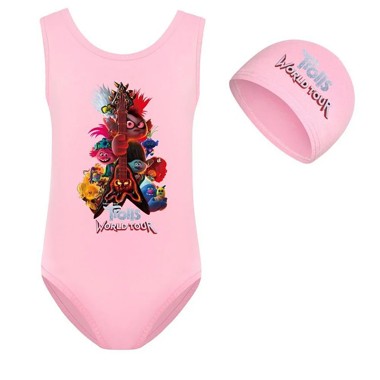 Trolls World Tour Print Little Girls Pink Red One Piece Sport Swimsuit-Mayoulove