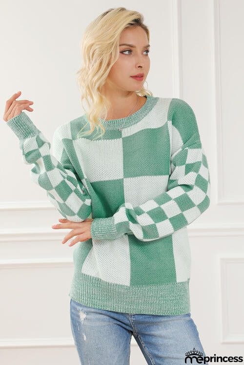 Checkered Drop Shoulder Long Sleeve Sweater