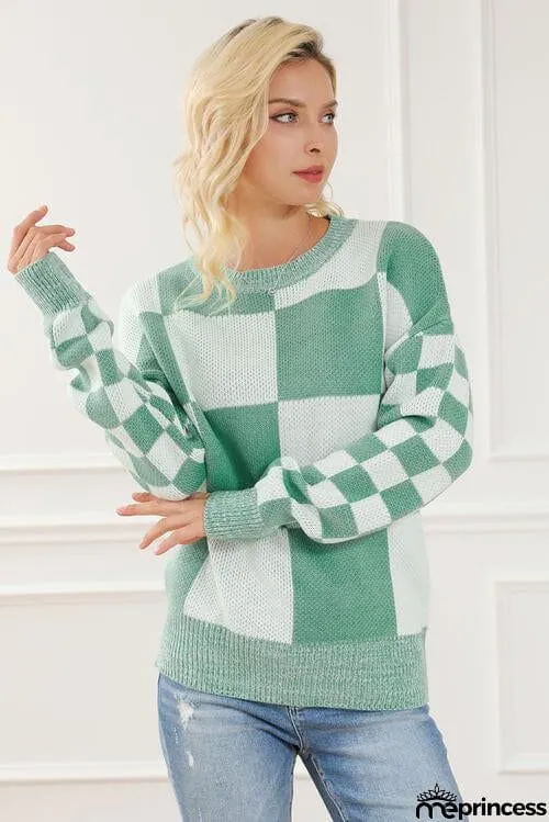 Checkered Drop Shoulder Long Sleeve Sweater
