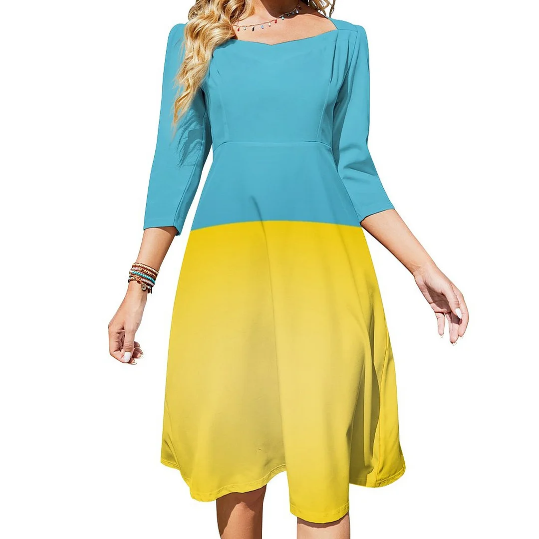Cool Ukraine Flag Fashion Dress Sweetheart Tie Back Flared 3/4 Sleeve Midi Dresses