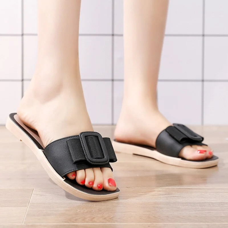 Women Slippers Flat Shoes Ladies Square Fashion Buckle Comfortable Beach Outdoor Slides Summer New Slip-on Soft Woman Sandals