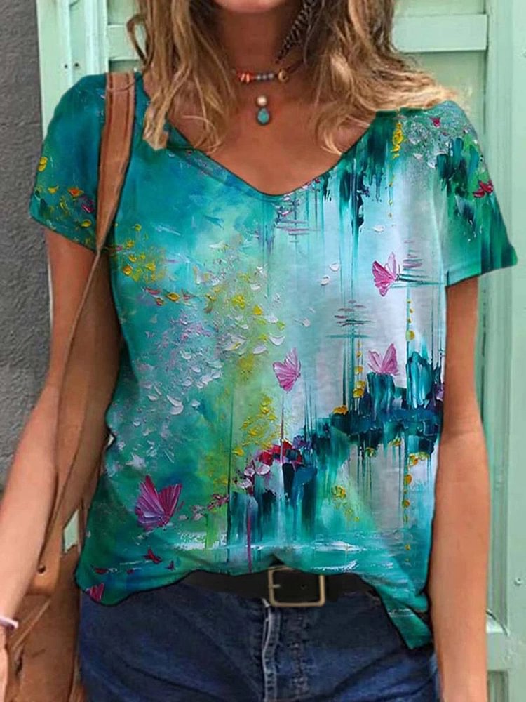 Bestdealfriday Colorful Flower Painting V Neck Casual ShifT-Shirts Tops