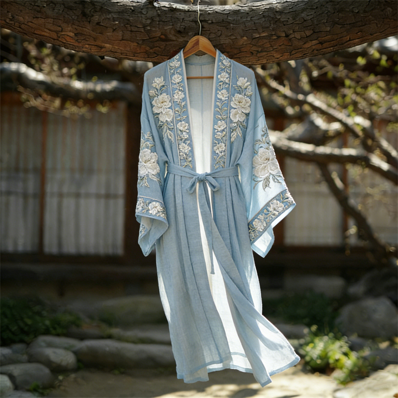 Classy Almond Blossom Tied Flowy Linen Long Kimono wearshes