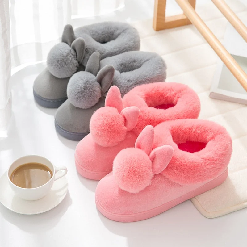 FONGIMIC Women Winter Slippers Warm Cute Cotton Slippers Ladies Autumn Velvet Home Floor Thick Bottom Cartoon House Rabbit Shoes