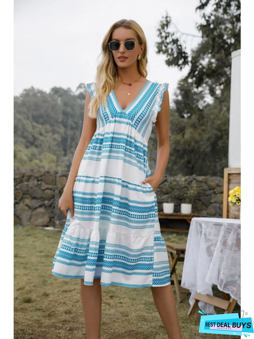 Bohemian V-Neck Pocket Striped Dress