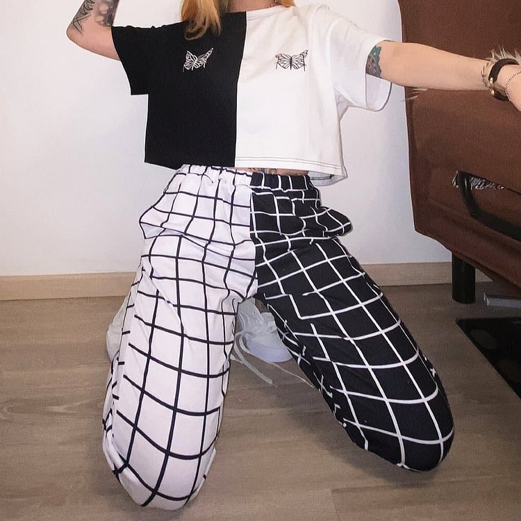 Gothic Grunge Two-Tone Checkered Pants SP057