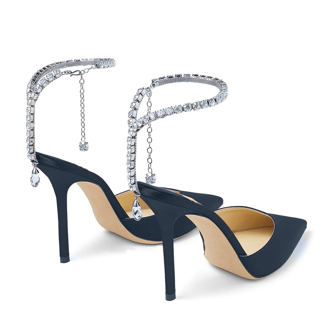 100mm Women's Sandals Crystal Chain Ankle Straps Rhinestones Buckle Heels Stiletto Satin Dress Shoes-vocosishoes