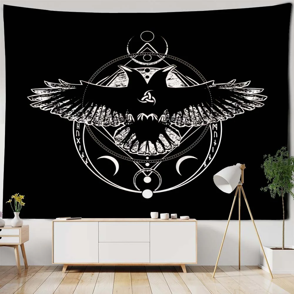 Nigikala Crow Tapestry Psychedelic Rune Character Art Wall Hanging Home Wall Decor Hippie Witchcraft Tarot Room Background Cloth