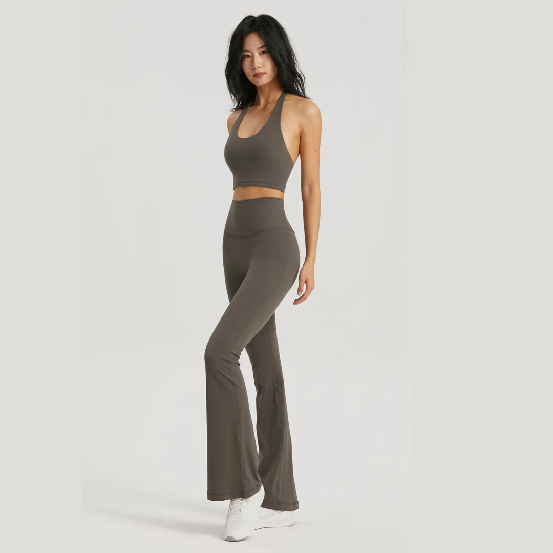 Solid color flared pants + sports bra 2-piece set