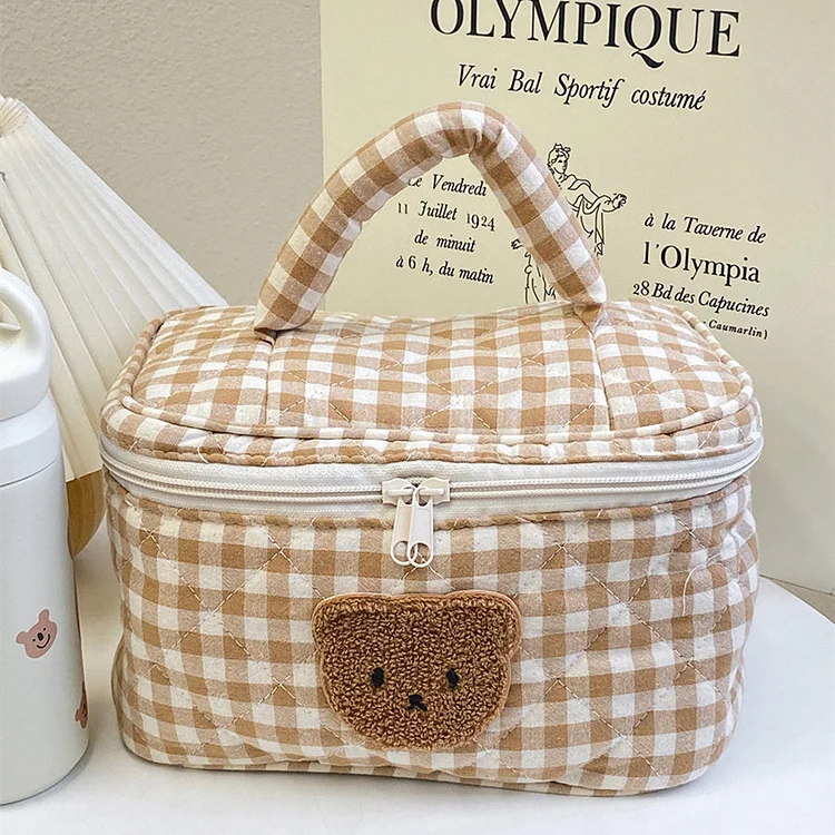 Cute Plaid Bear Makeup Bag