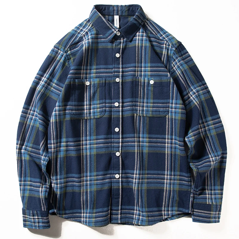 Men's Heavy Cotton Plaid Shirt Long Sleeve Loose Vintage Shirt Men's Shirt