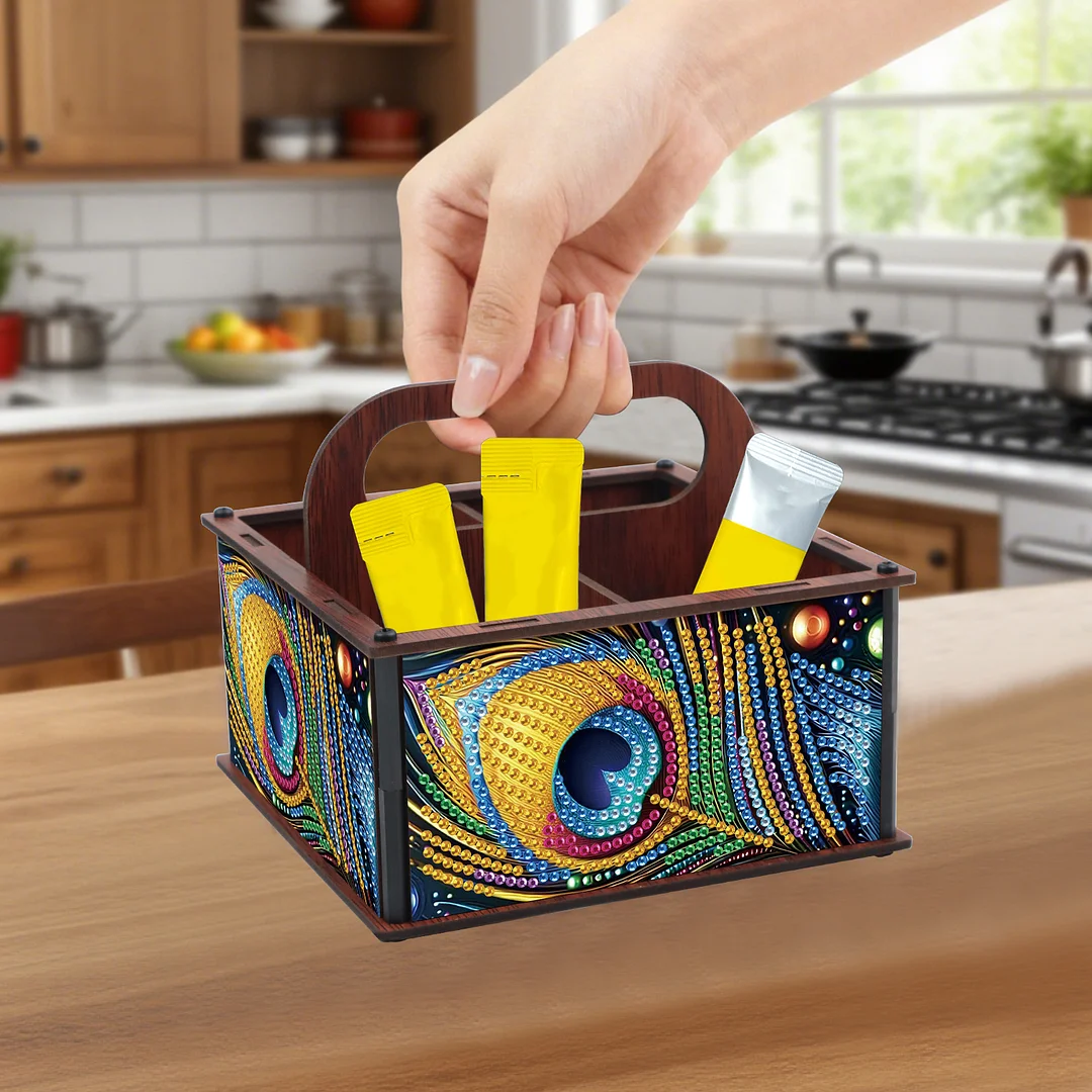 DIY Peacock Feather Wooden Diamond Painting Handheld Storage Box Kit Home Decor