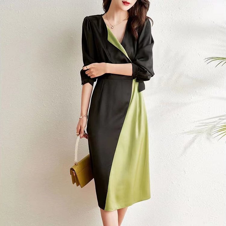 Black-Green A-Line Plain Long Sleeve Dresses