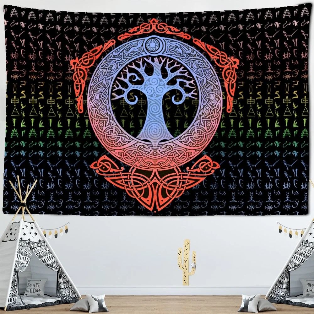 Vikings Tapestry wall Raven Mysterious Meditation Psychedelic Runes Art Wall Hanging Tapestries for Living Room Tarot Sun Moon