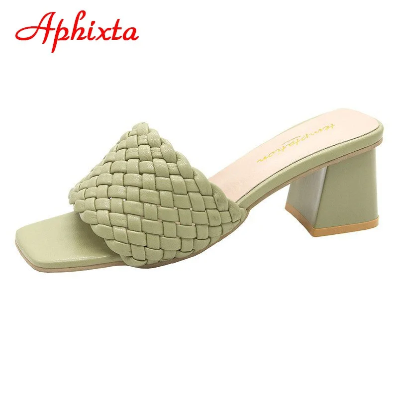 Aphixta 2021 New 5.5cm Square Heels Slippers Women Rope Lattice Open Toe Women Outside Slides Mujer Elegant Shoes