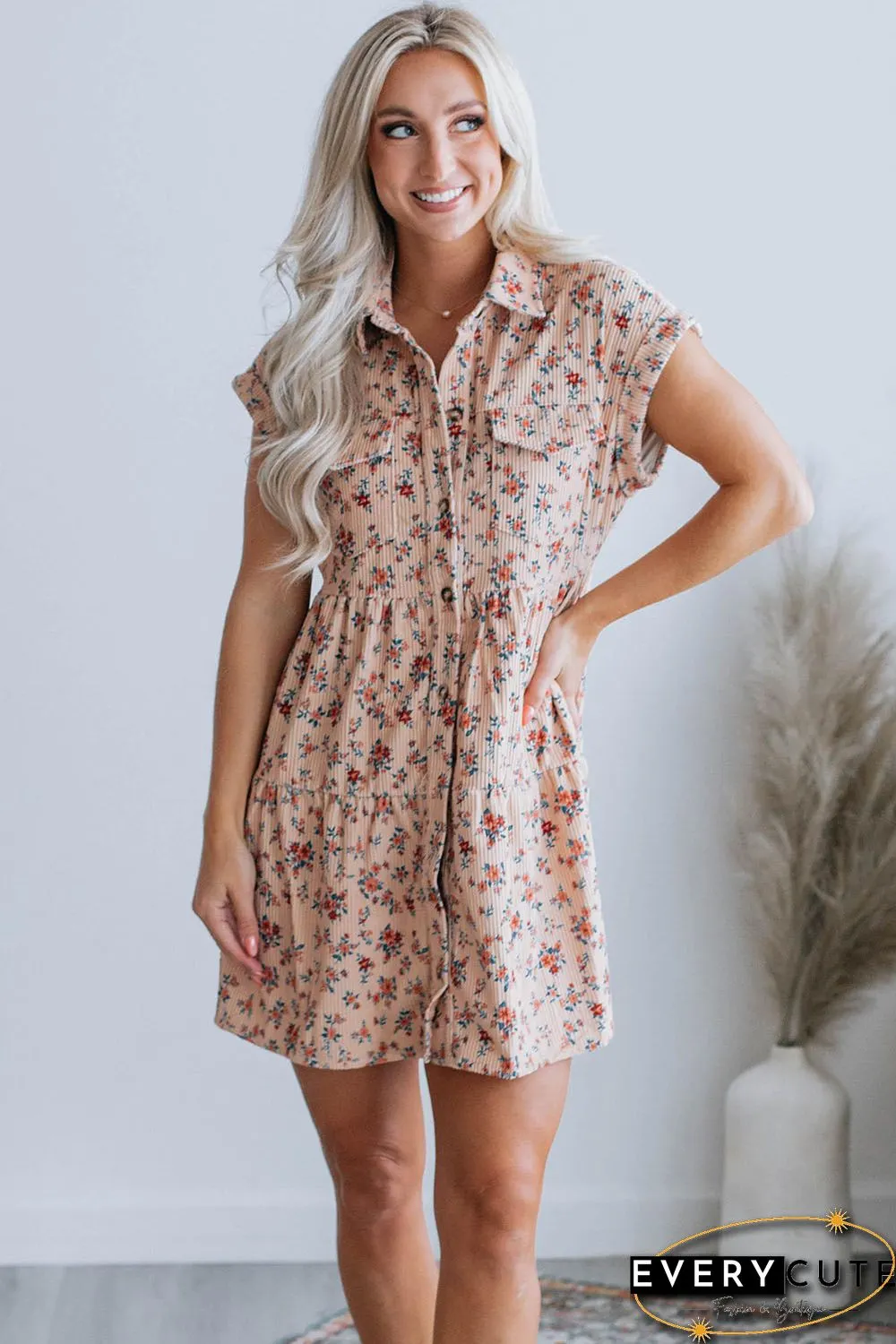Pink Short Sleeve Flap Pockets Shirt Floral Dress