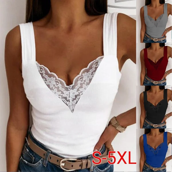 Summer Women Fashion V Neck Tank Tops Casual Solid Color Lace Sleeveeless Tops Sexy Lace Shirts Slim Tops Plus Size S-5XL