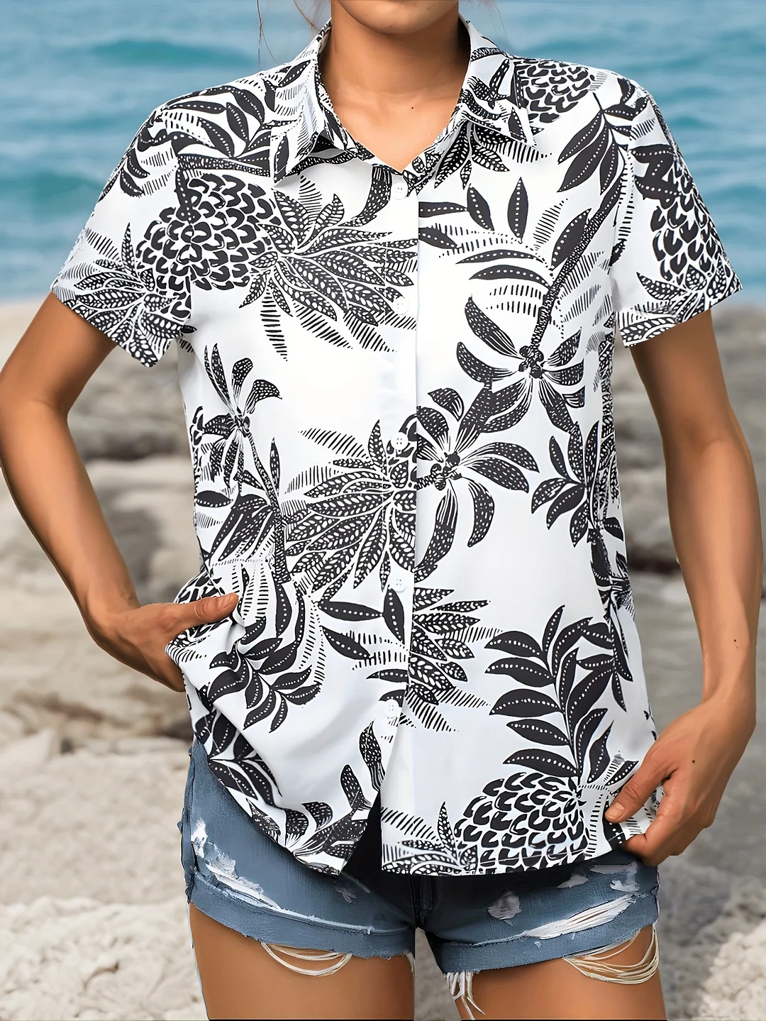 Women's Tropical Floral Print Short Sleeve Blouse - Elegant V-Neck, Button-Up Shirt For Spring & Summer, White With Black & Golden Leaf Design, Lightweight Polyester Fabric, Perfect For Casual Or Beach Outings, Beach Shirt | Tropical Print | | IFYHOME