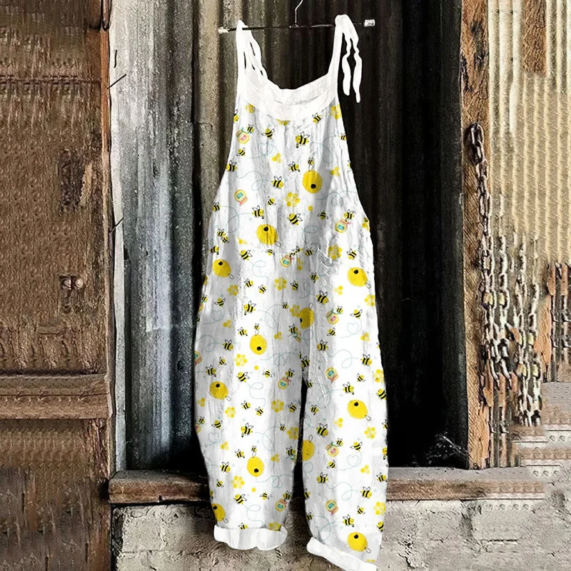 Flying Bees Honey Embroidery Pattern Casual Jumpsuit