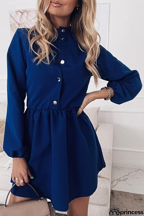 Button Hgih Collar Long Sleeve Mini Dress