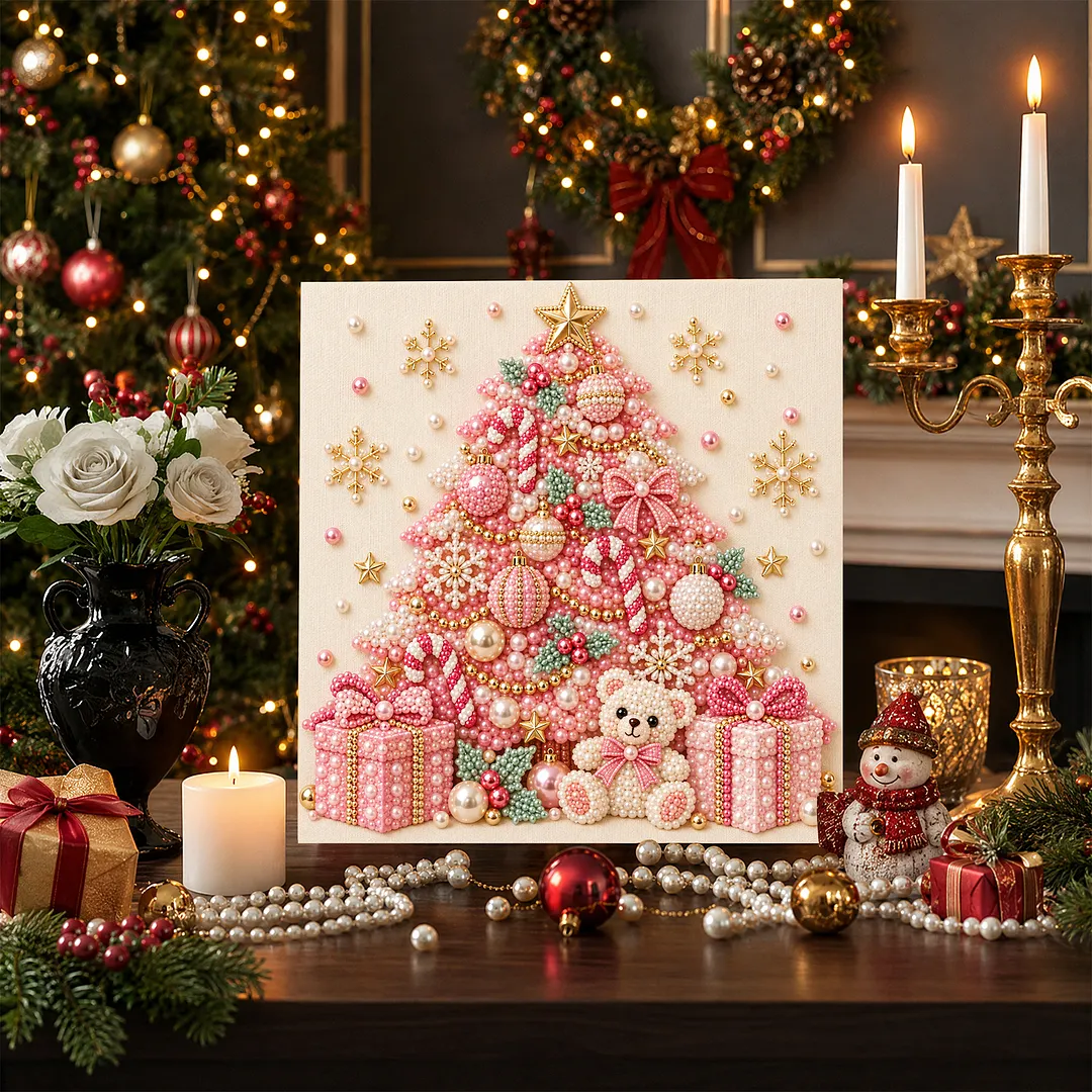 Framed Pearl Painting Kit Pink Christmas Tree 7.87x7.87in