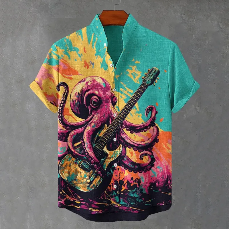 Men's Octopus Playing Guitar Oil Painting Art Print Short Sleeve Shirt  artssus