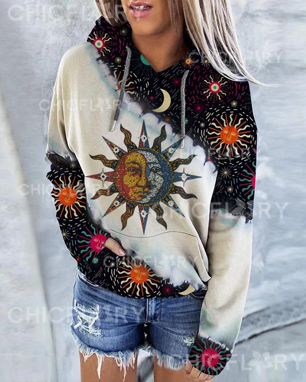 Sun and Moon Print Hoodie Long Sleeve Sweatshirt