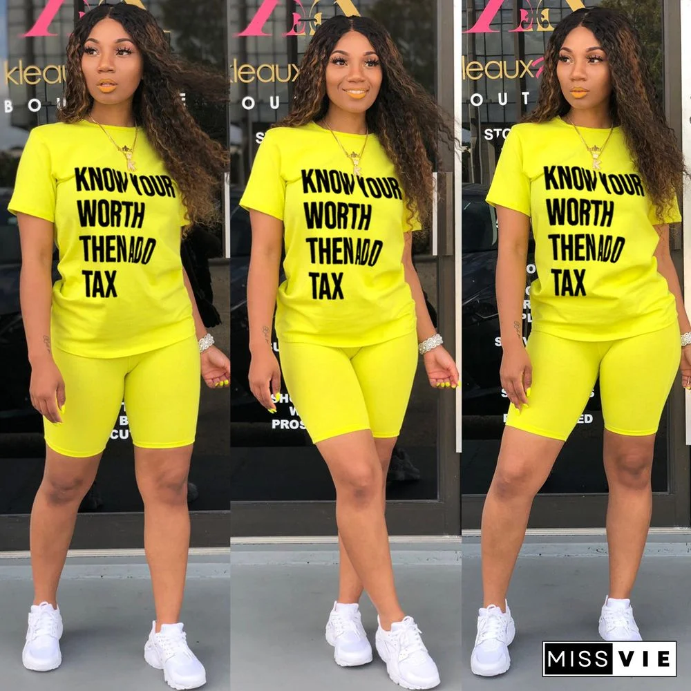 Letter Printed Casual Pullover Two Pieces Short Set