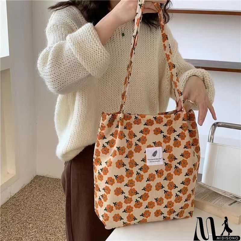 MidiSono - Women Large Smiley Corduroy Shoulder Tote Bag
