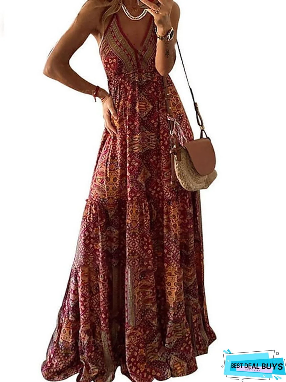 Women's Strap Dress Maxi Long Dress Red Fuchsia Green Sleeveless Print Summer V Neck Elegant Sexy