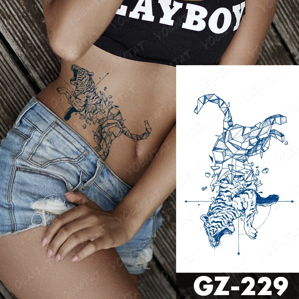 Sdrawing Lasting Ink Tattoos Body Art Waterproof Temporary Tattoo Sticker Line Dragon Tiger Totem Tatoo Arm Fake Fox Whale Tatto