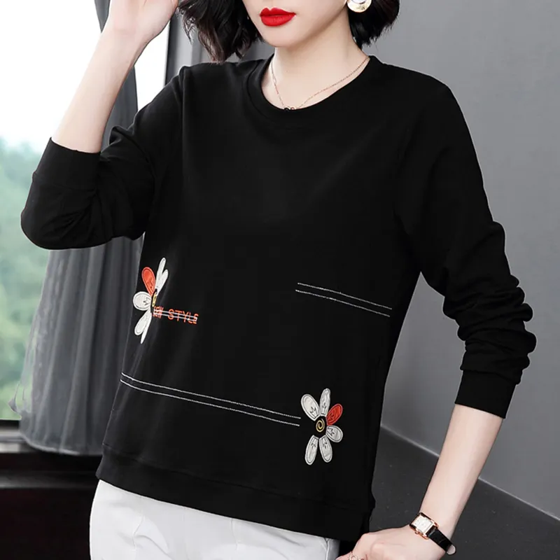 Floral Letter Embroidery Long Sleeve Shirt Women Spring Autumn T-Shirts Loose Clothes