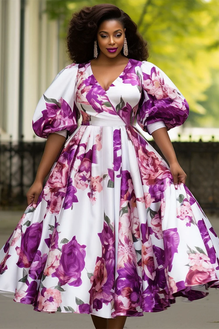 Xpluswear Design Plus Size Wedding Guest Purple Floral Wrap Neck Puff  Sleeve Half Sleeve Midi Dresses