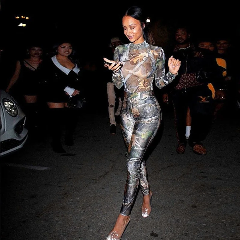 Hugcitar 2020 Long Sleeve Vintage Print Bodysuit Leggings 2 Piece Set Autumn Winter Women Fashion Streetwear Y2K Tracksuit