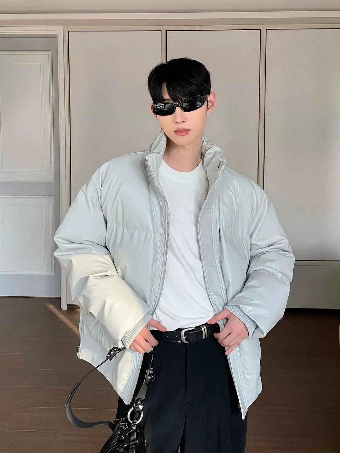 Aonga Cotton-filled Stand-up PU Leather Jacket