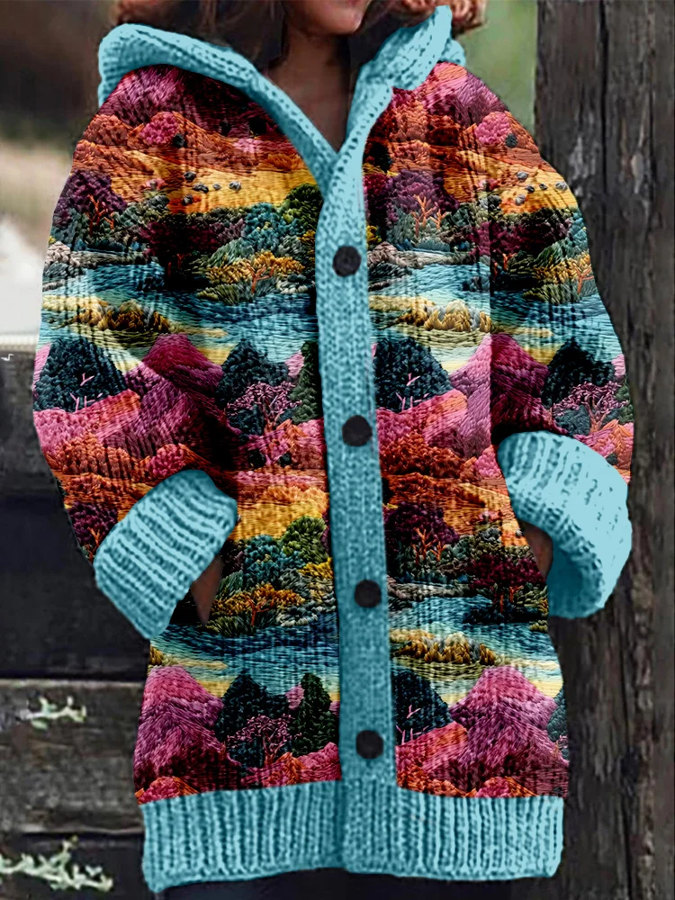 VChics Embroidered Mountain Pattern Cozy Hooded Cardigan