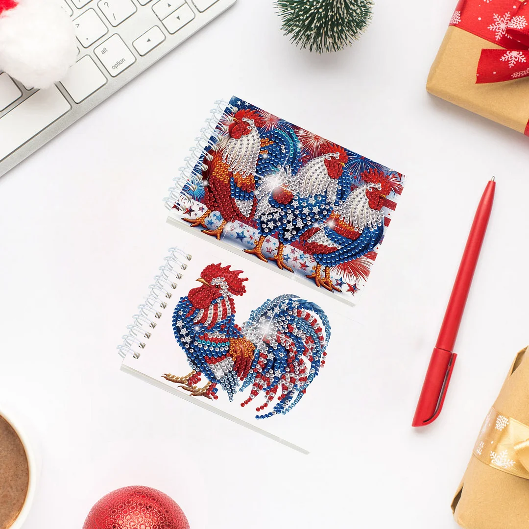 2 Pack USA Flag Rooster DIY Diamond Art Spiral Notebook Kit 80Pages No Lines