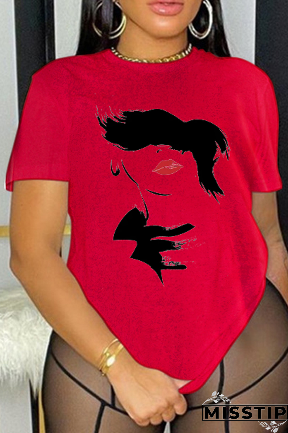 Red Street Print Patchwork O Neck T-Shirts