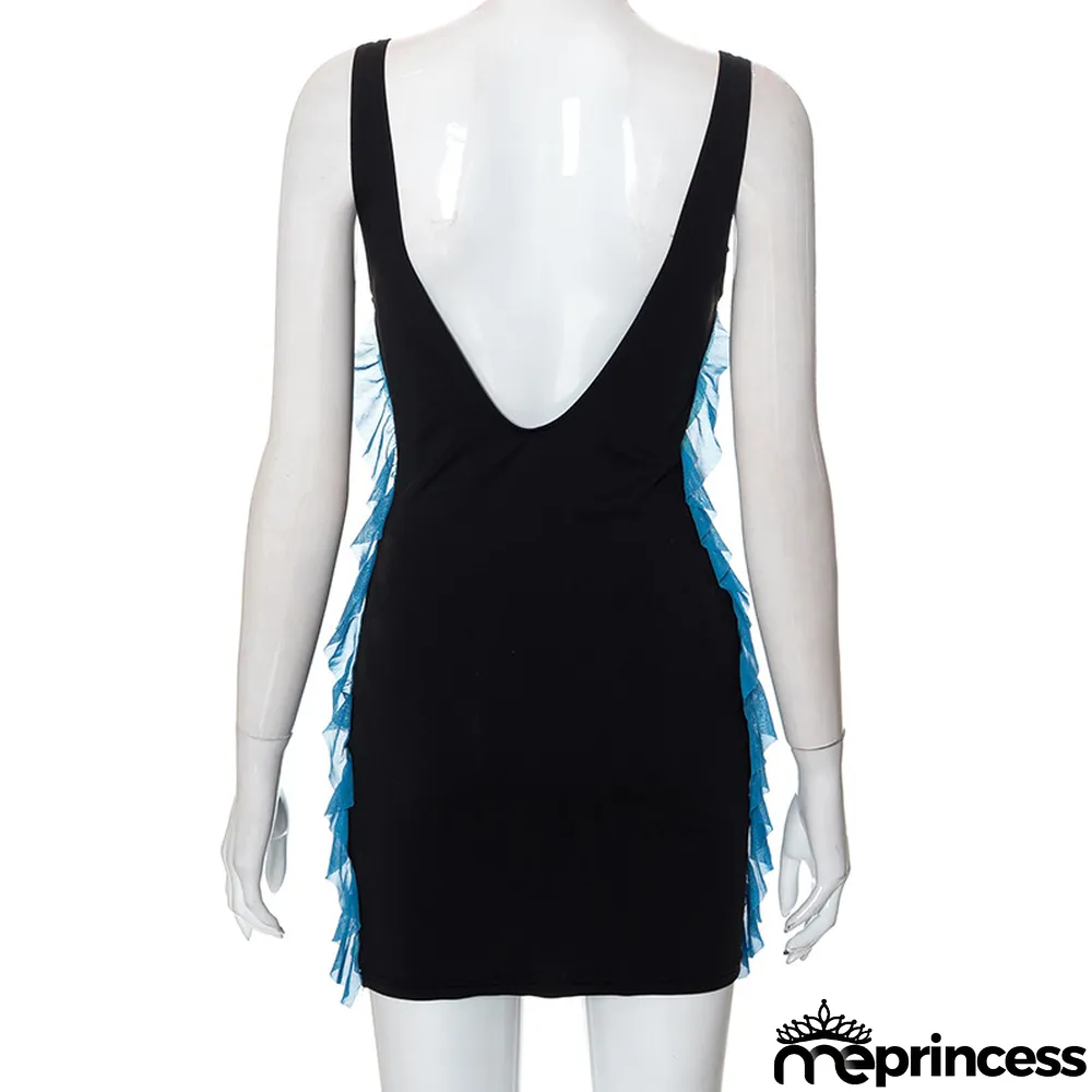 Women'S Fall V-Neck Sexy Low Back Multicolor Ruffled Bodycon Dress