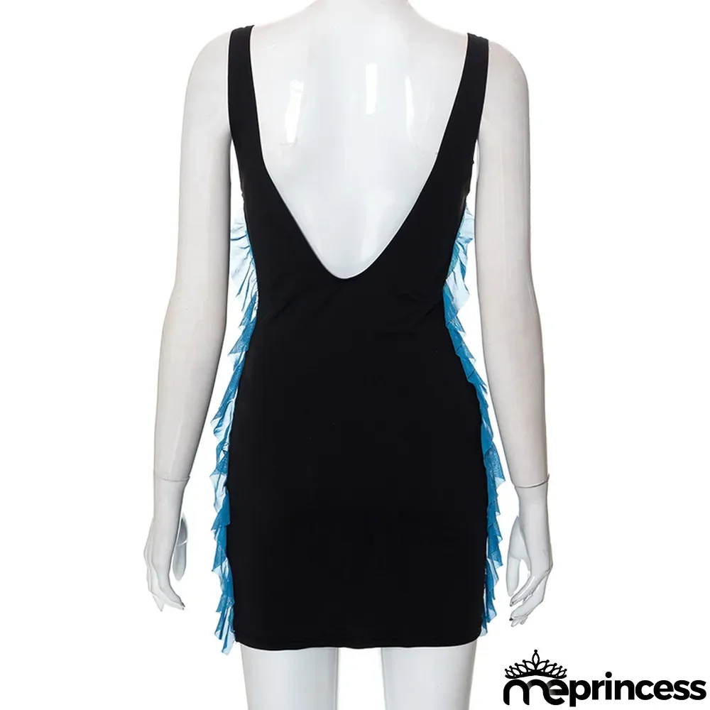 Women'S Fall V-Neck Sexy Low Back Multicolor Ruffled Bodycon Dress