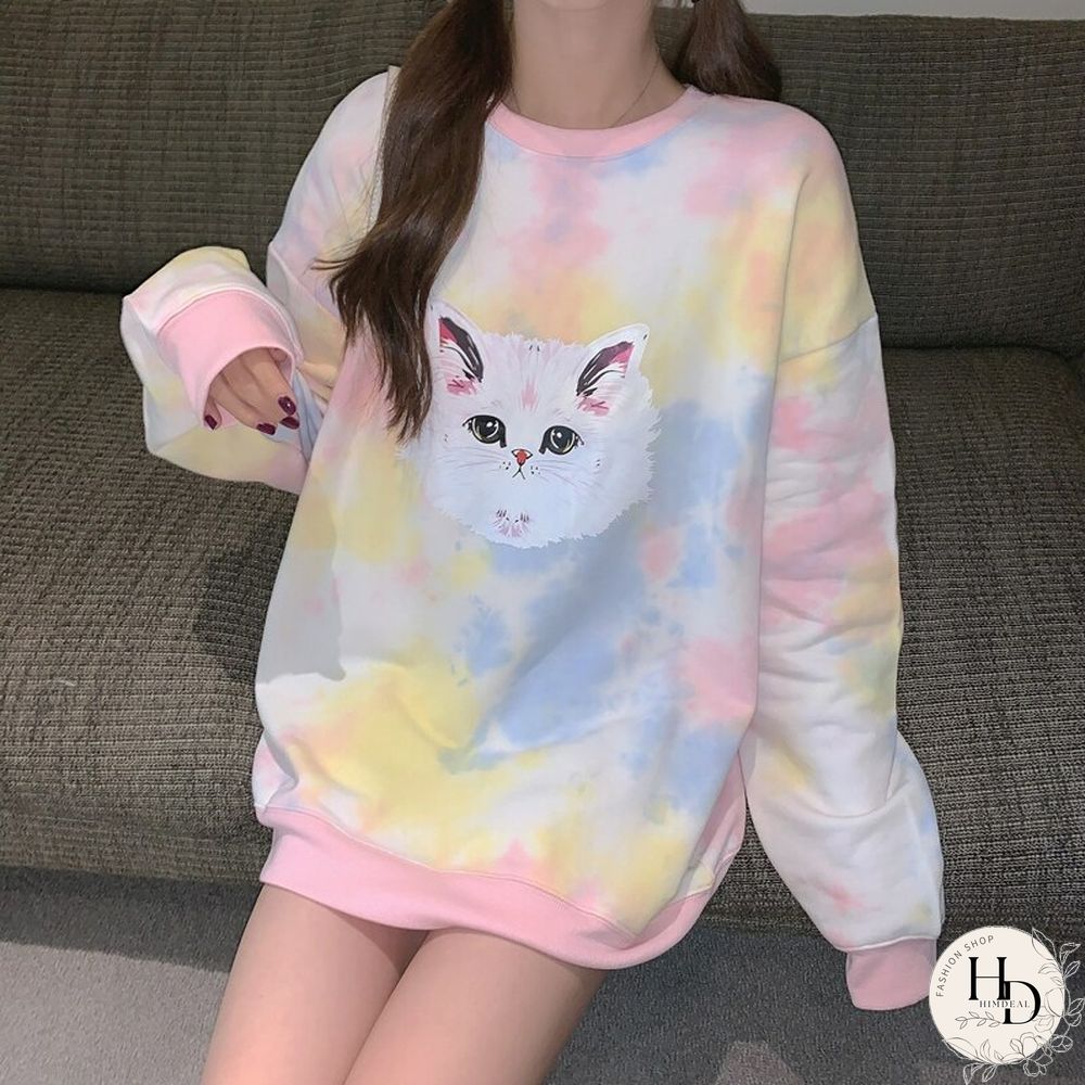 Spring Fall Tie Dye Sweatshirts Women Cartoon Cat Printed Loose Hoodies Girls Kawaii Oversized Pullovers Clothes Mujer Harajuku