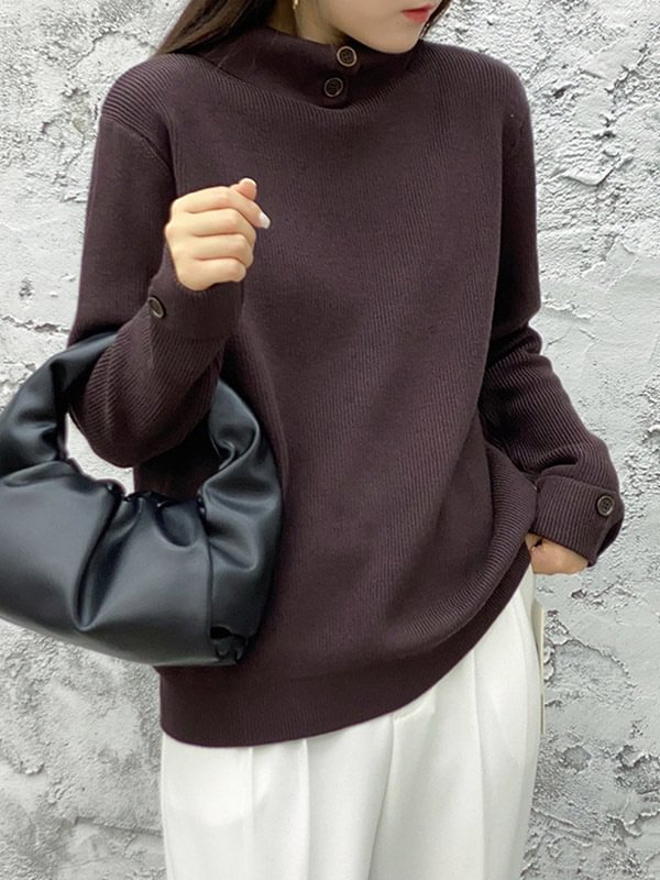 Casual Simple 5 Colors Buttoned High-Neck Long Sleeves Sweater Top