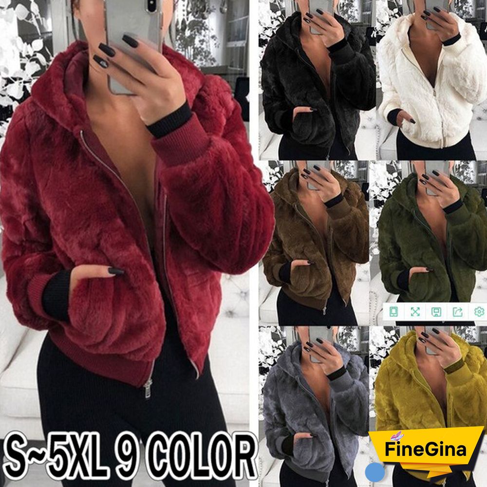 Winter Women Warm Hooded Coat Ladies Warm Plush Hooded Women Faux Fur Coat Winter Warm Zipper Jacket Plus Coat