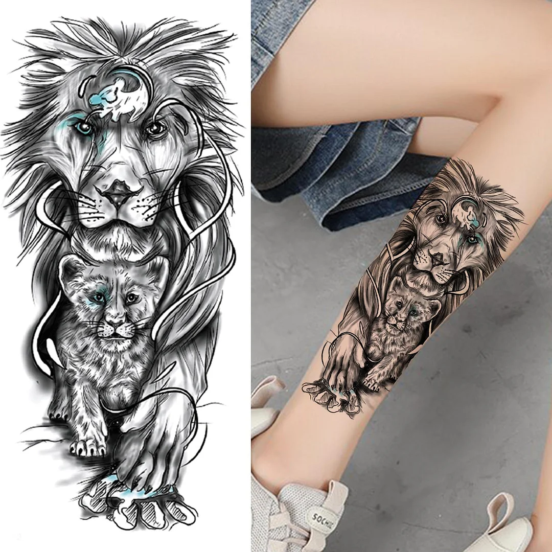 Cross Lion Temporary Tattoo For Women Men Adult Skull Tiger Wolf Forest Tattoo Sticker Black Fake Realistic Demon Tatoos Forearm 530-1