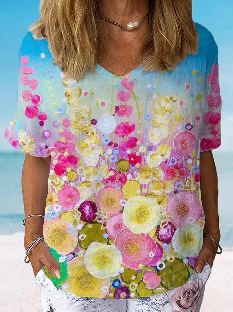 Women's Watercolor Flower Art Print Casual Cotton And Linen Shirt