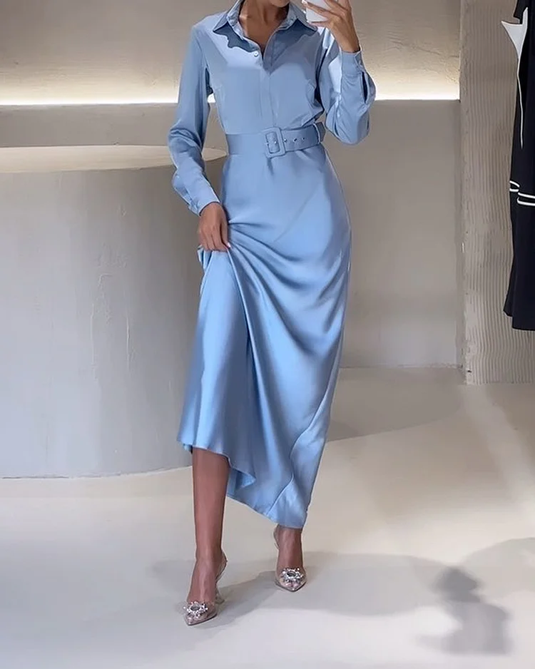 Lapel Long Sleeve Solid Color Dress with Belt