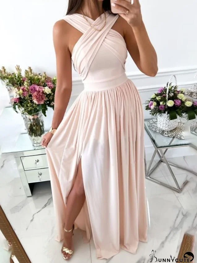 Party Dress Long Dress Maxi Dress Black Pink Fuchsia Sleeveless Pure Color Backless Spring Summer V Neck S M L XL XXL for Women